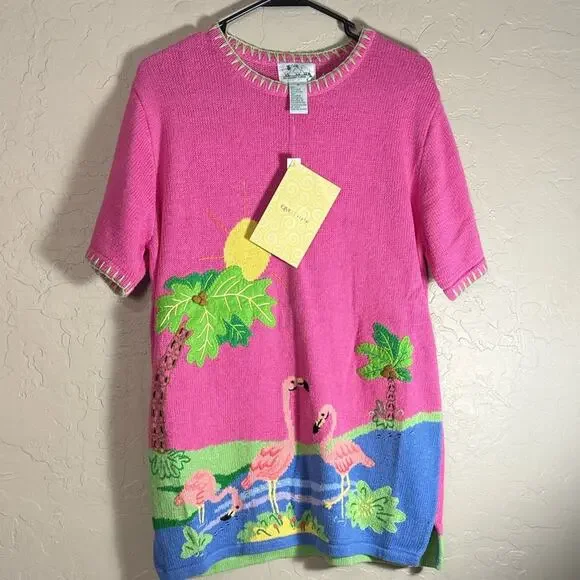 Quacker Factory pink flamingo short-sleeve ramie/cotton blend sweater NWT. - Picture 8 of 8